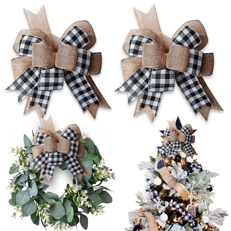 Hongsome Buffalo Plaid Burlap Bows for Wreath 2 Pack 12 x9.4 Large Rustic Farmhouse Decor Tree Topper Check Bow Decorations for Fall Wedding Holiday Party Wall Home Front Door Decorative(Black&White) - Image 1